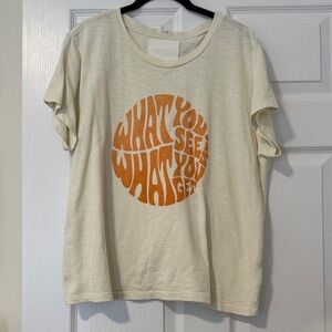 Mother Denim Cream/Butter Yellow Graphic T-Shirt with Orange Print Women Size XL